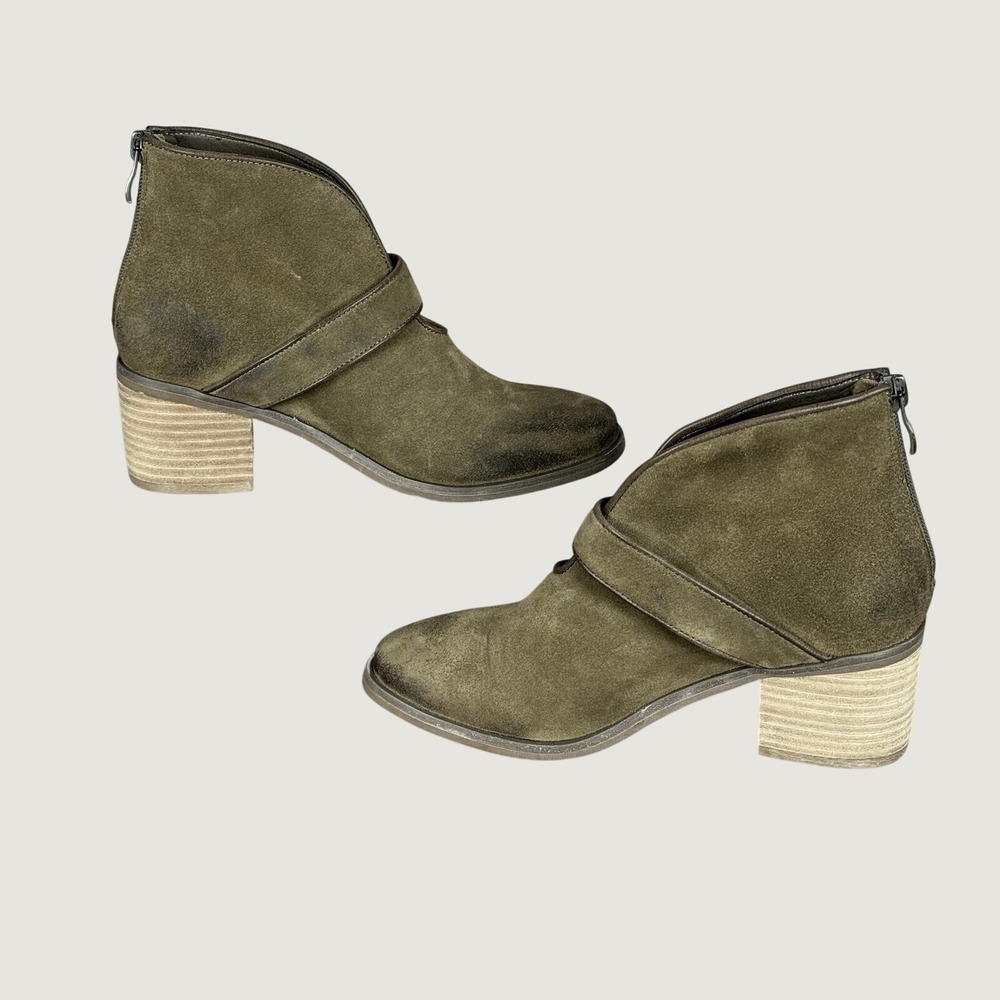 Antelope Suede Leather Ankle Heeled Boots EU 36 US 5.5 Buckle Strap Olive Green